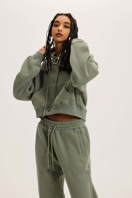 Vintage Washed Cropped Fleece Hoodie - Grayish Green