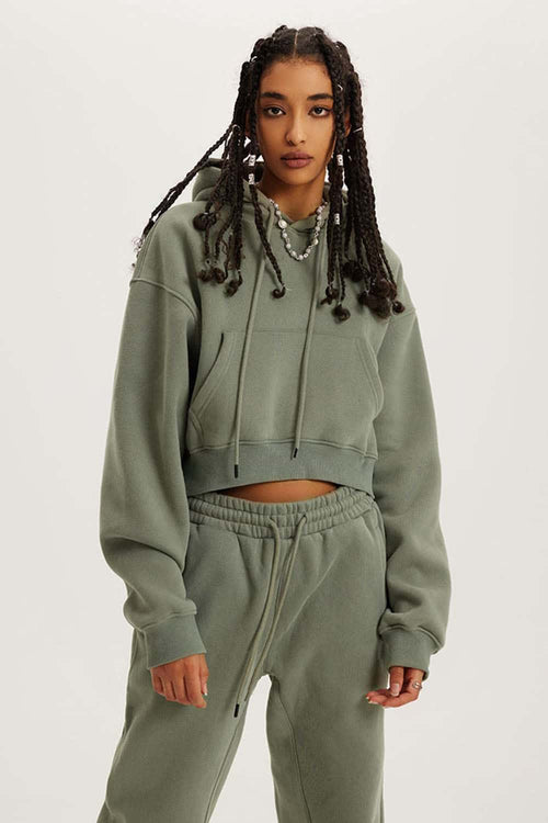 Vintage Washed Cropped Fleece Hoodie - Grayish Green