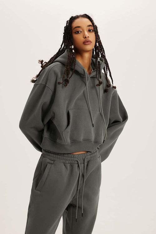 Vintage Washed Cropped Fleece Hoodie - Gray Brown