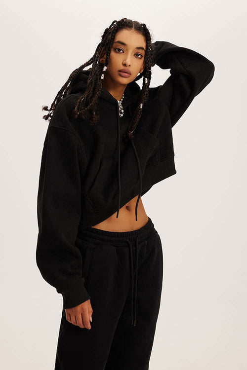 Vintage Washed Cropped Fleece Hoodie - Black