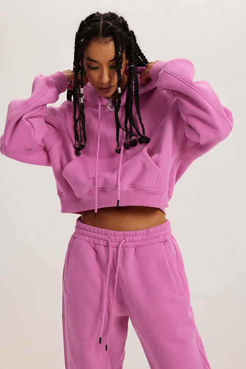 Vintage Washed Cropped Fleece Hoodie - Rose Pink
