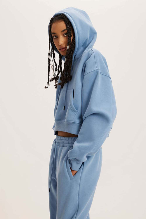 Vintage Washed Cropped Fleece Hoodie - Smalt