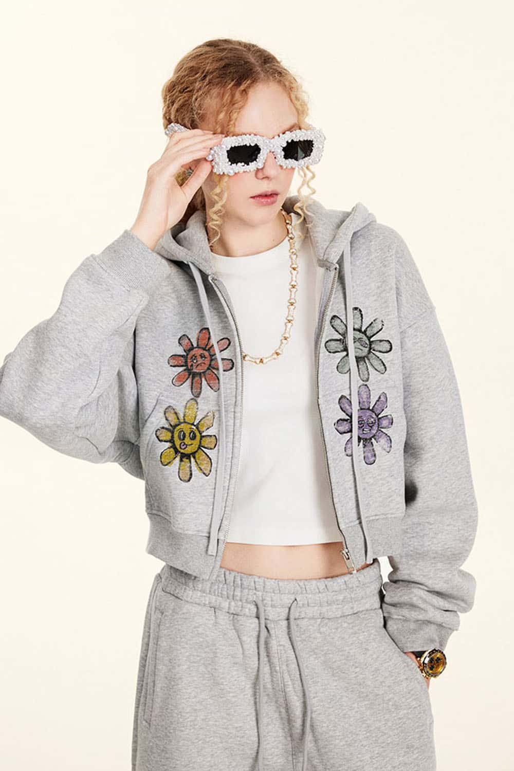 Women's Fleece-Lined Floral Embroidered Zip-Up Hoodie