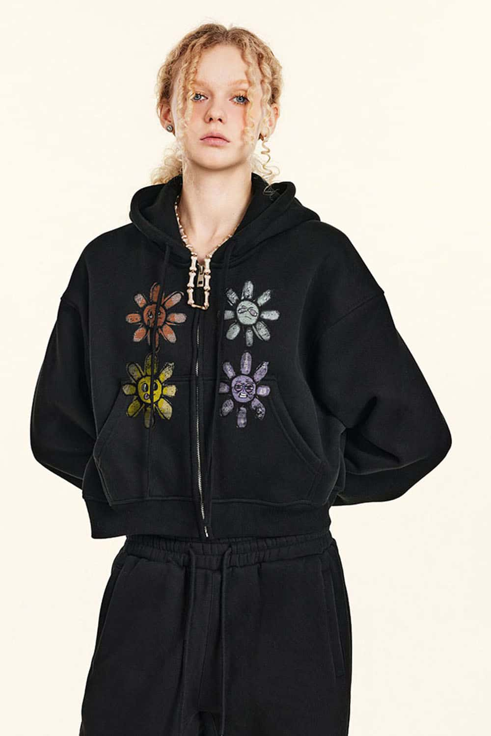 Women's Fleece-Lined Floral Embroidered Zip-Up Hoodie