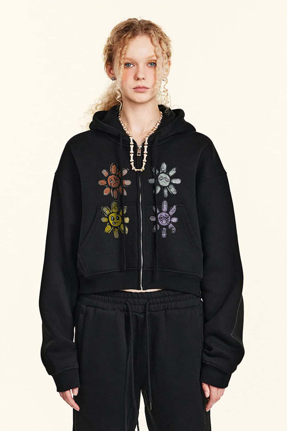 Women's Fleece-Lined Floral Embroidered Zip-Up Hoodie