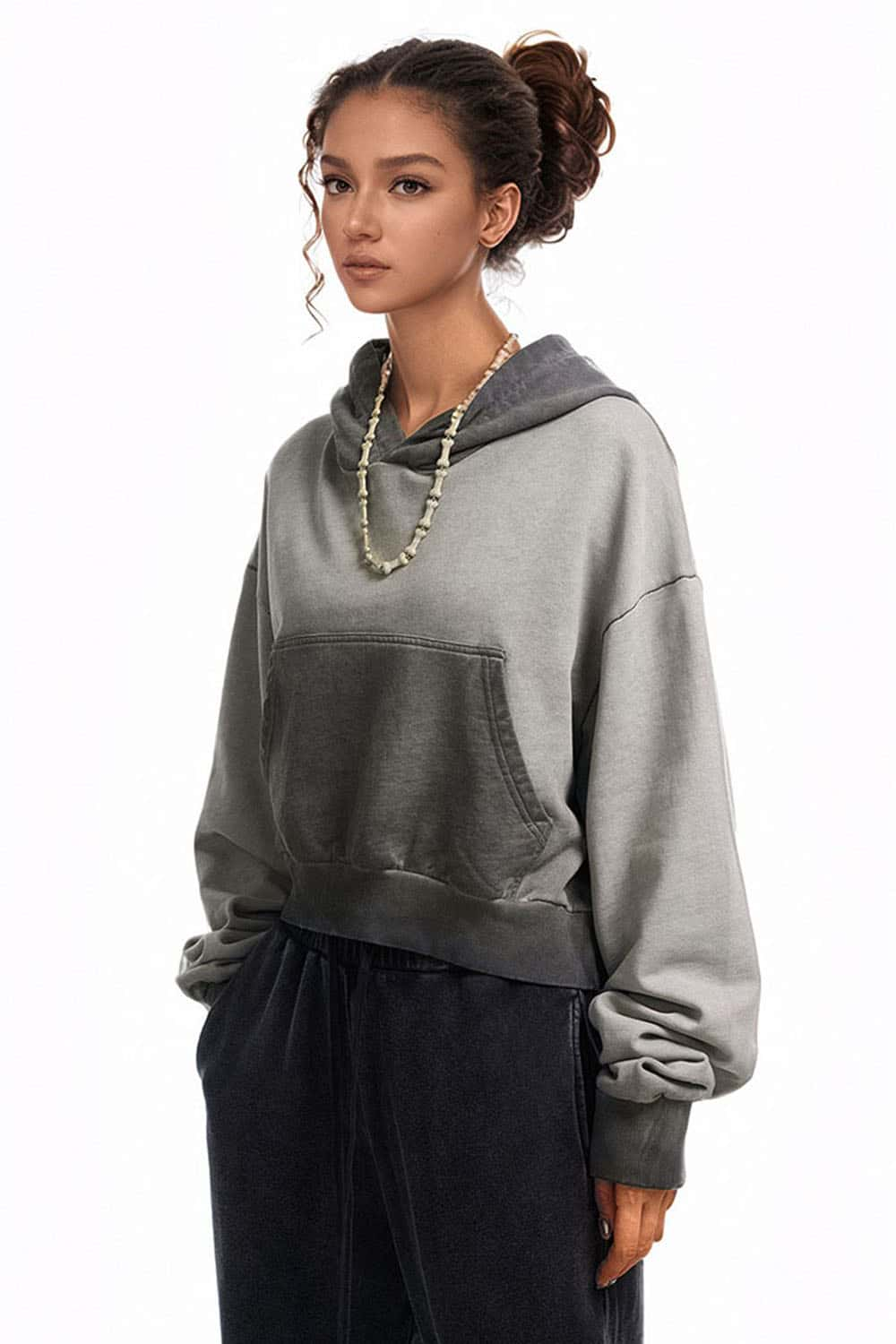 Women's Two-Tone Cropped Hoodie for Fitness and Casual Wear