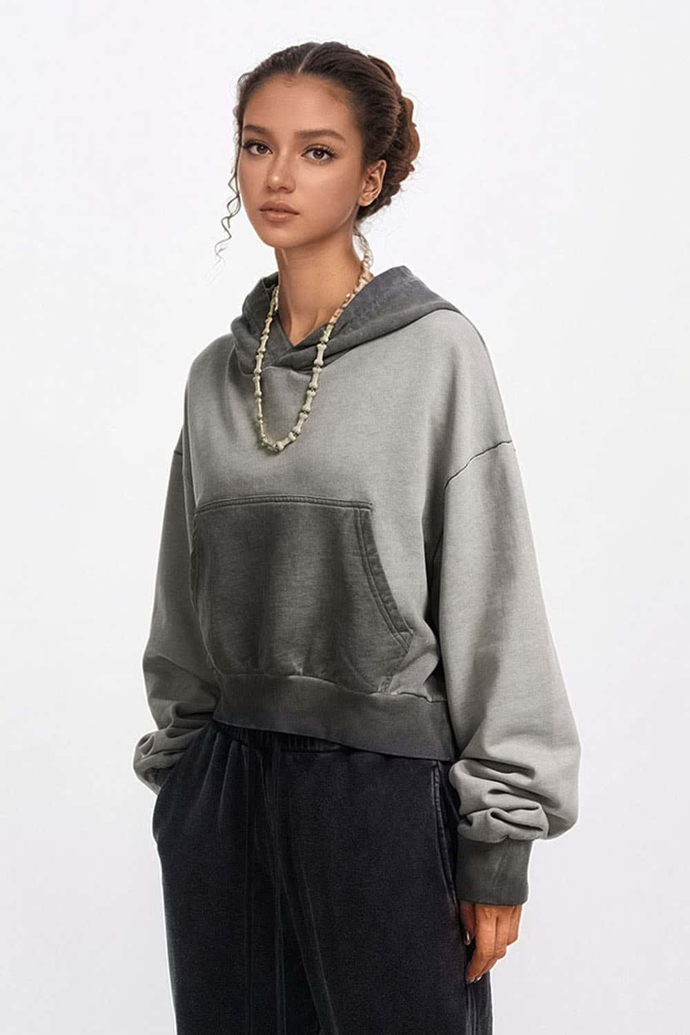 Women's Two-Tone Cropped Hoodie for Fitness and Casual Wear