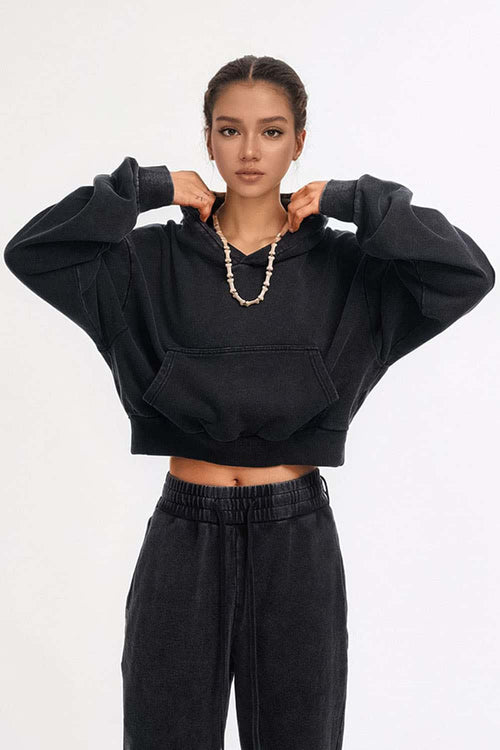 Contrast Cropped Hoodie - Vintage Black
