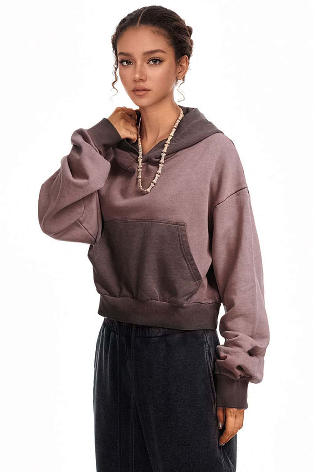 Women's Two-Tone Cropped Hoodie for Fitness and Casual Wear