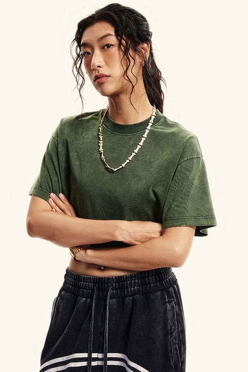 Cool-Touch Quick-Drying Sorona Blend Cropped T-Shirt in Blackish Green - front modeled view