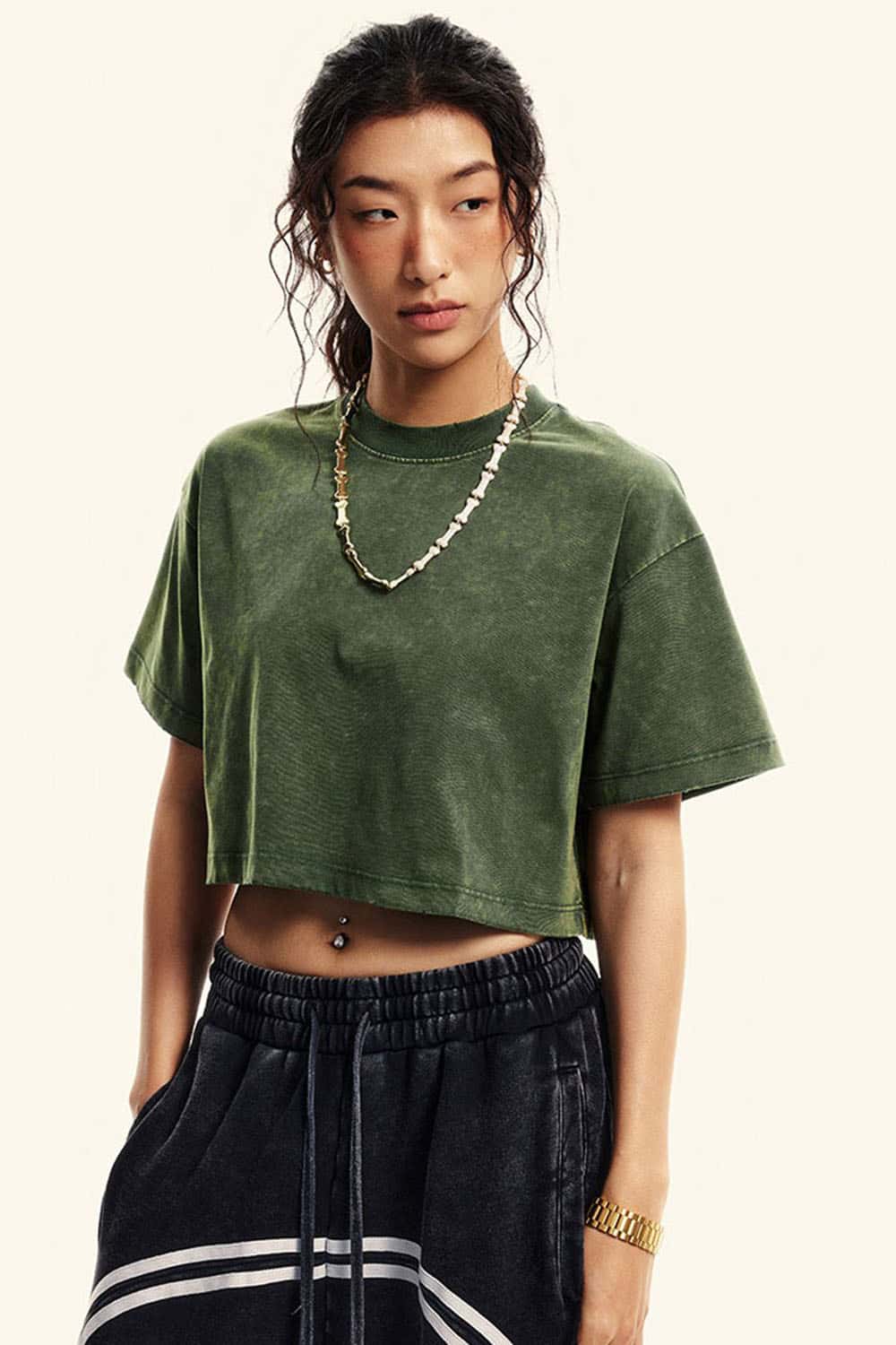 Cool-Touch Quick-Drying Sorona Blend Cropped T-Shirt in Blackish Green - front modeled view