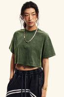 Cool-Touch Quick-Drying Sorona Blend Cropped T-Shirt in Blackish Green - front modeled view