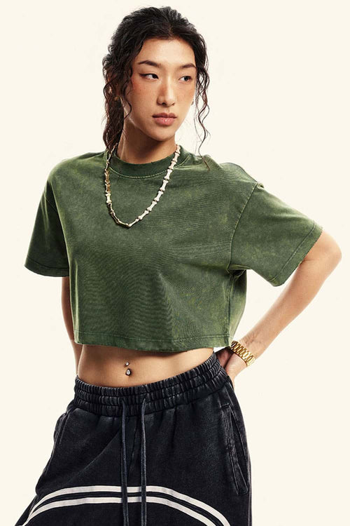 Cool-Touch Quick-Drying Sorona Blend Cropped T-Shirt in Blackish Green - front modeled view