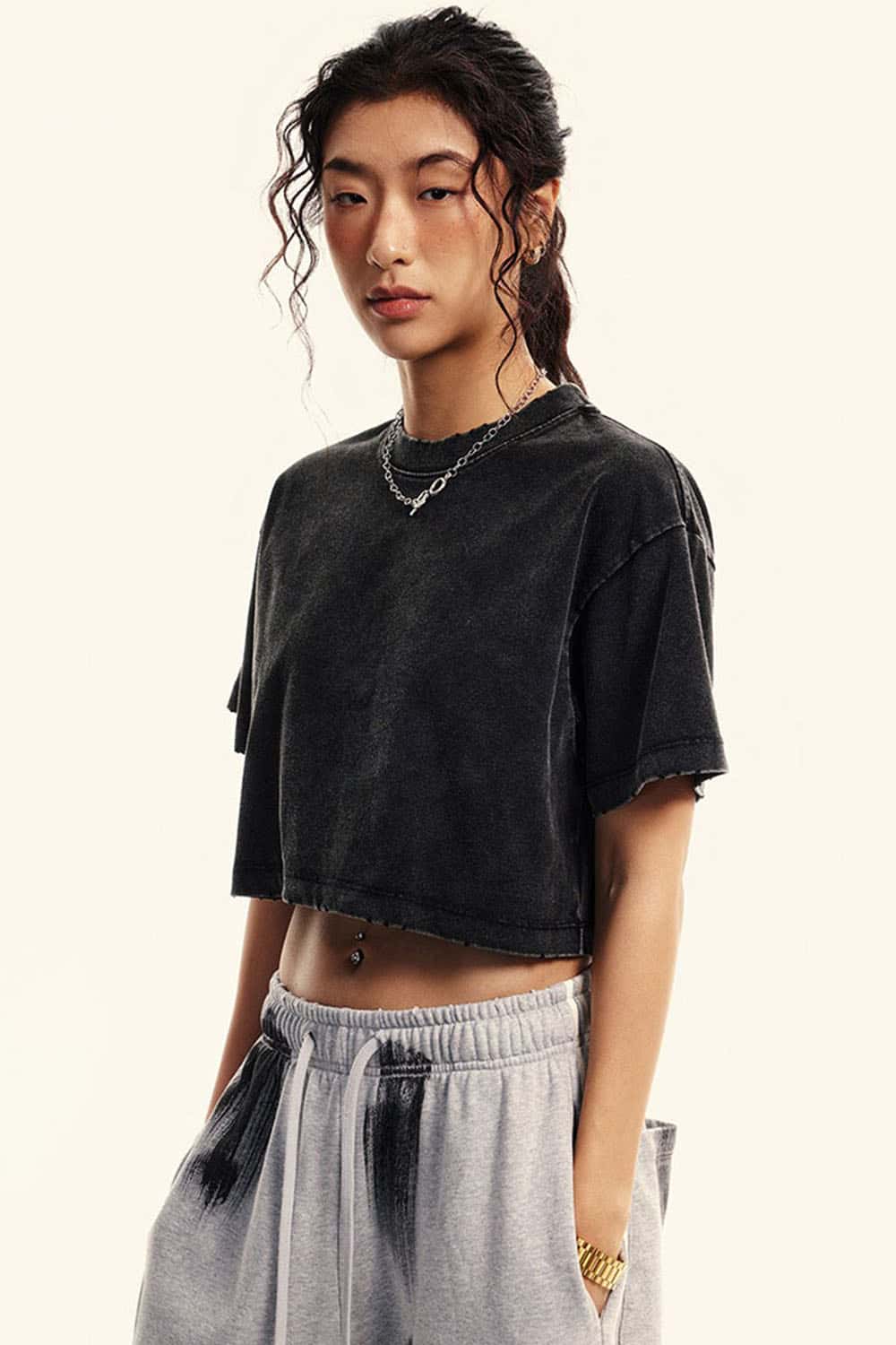 Cool-Touch Quick-Drying Sorona Blend Cropped T-Shirt in Fried Snowflakes - front modeled view