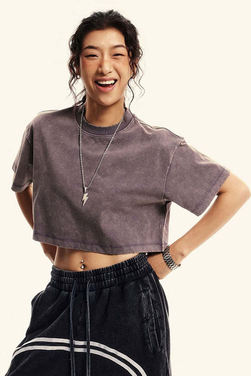 Cool-Touch Quick-Drying Sorona Blend Cropped T-Shirt in Raspberry Purple - front modeled view