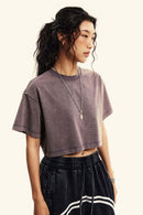 Cool-Touch Quick-Drying Sorona Blend Cropped T-Shirt in Raspberry Purple - front modeled view