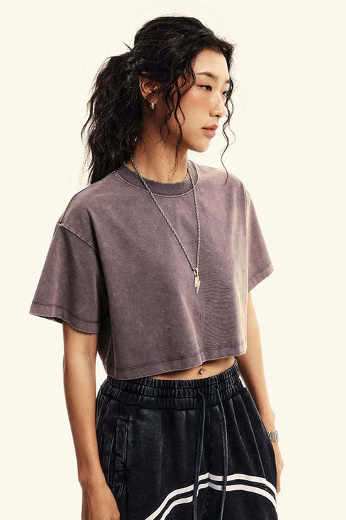 Cool-Touch Quick-Drying Sorona Blend Cropped T-Shirt in Raspberry Purple - front modeled view