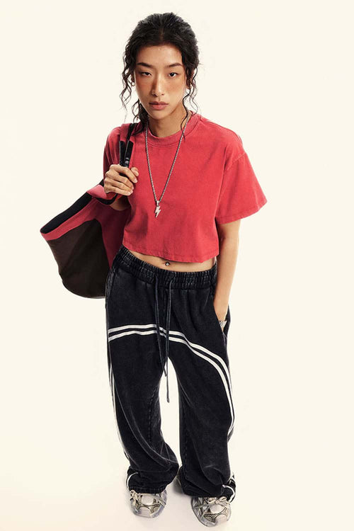 Cool-Touch Quick-Drying Sorona Blend Cropped T-Shirt in Red - full-length front modeled view