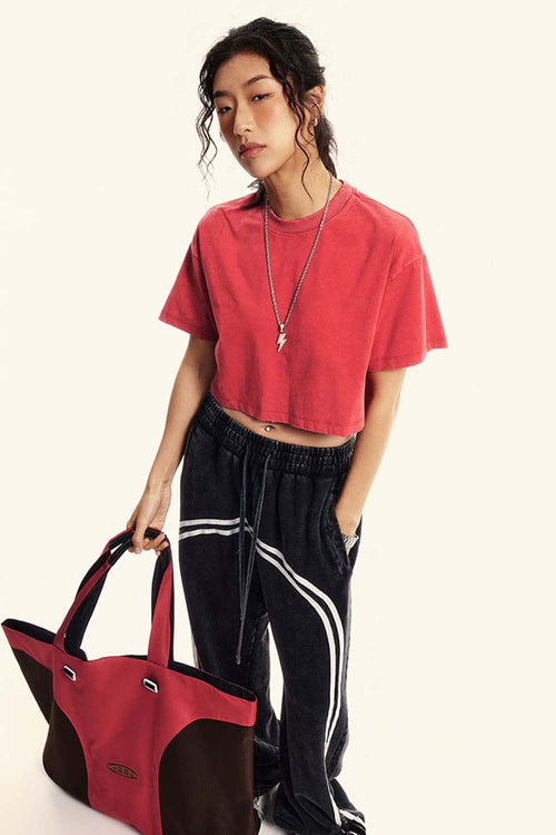 Cool-Touch Quick-Drying Sorona Blend Cropped T-Shirt in Red - front modeled view
