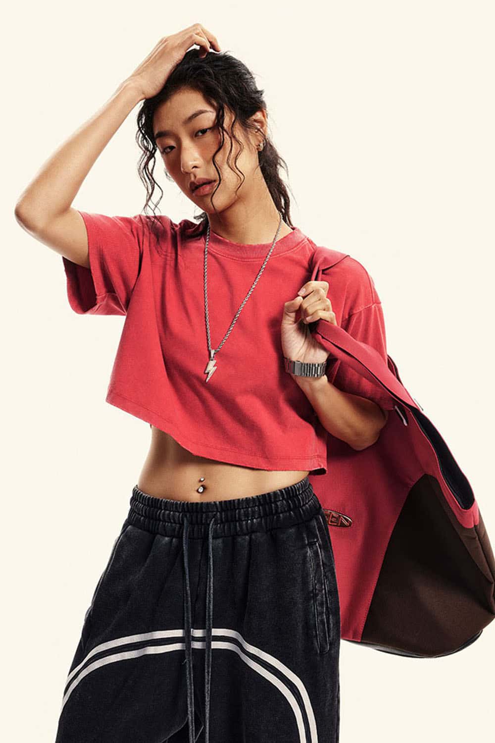 Cool-Touch Quick-Drying Sorona Blend Cropped T-Shirt in Red - front modeled view