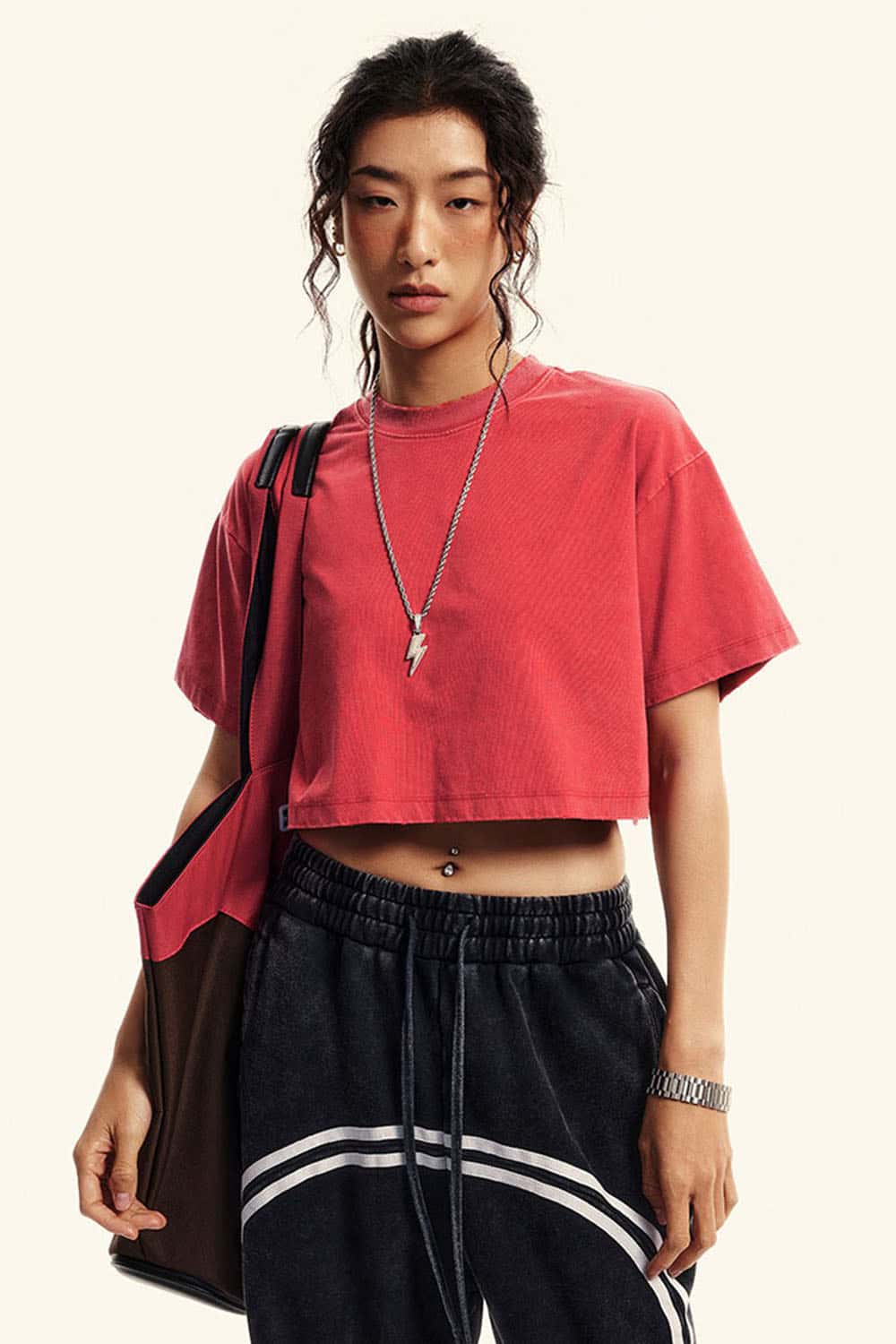 Cool-Touch Quick-Drying Sorona Blend Cropped T-Shirt in Red - front modeled view