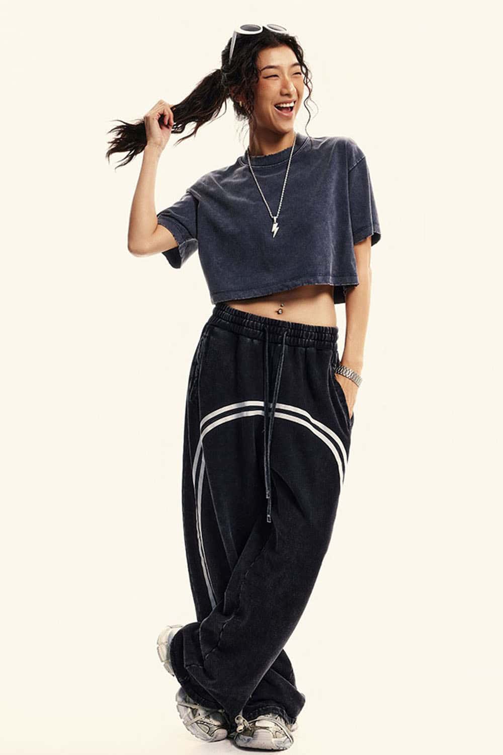 Cool-Touch Quick-Drying Sorona Blend Cropped T-Shirt in Royal Blue - full-length front modeled view