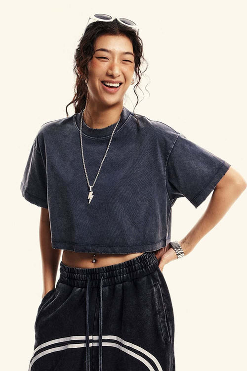 Cool-Touch Quick-Drying Sorona Blend Cropped T-Shirt in Royal Blue - front modeled view
