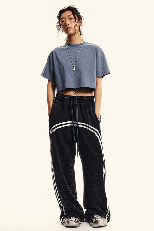 Cool-Touch Quick-Drying Sorona Blend Cropped T-Shirt in Washed Blue - full-length front modeled view