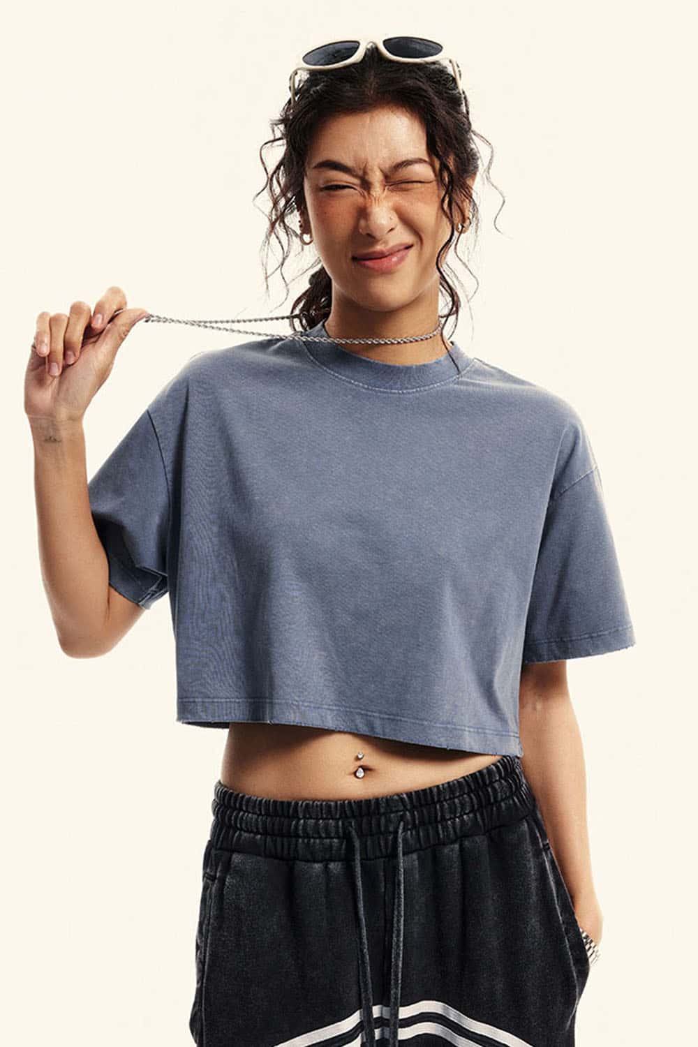 Cool-Touch Quick-Drying Sorona Blend Cropped T-Shirt in Washed Blue - front modeled view