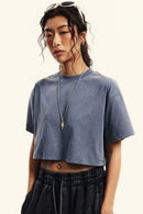 Cool-Touch Quick-Drying Sorona Blend Cropped T-Shirt in Washed Blue - front modeled view