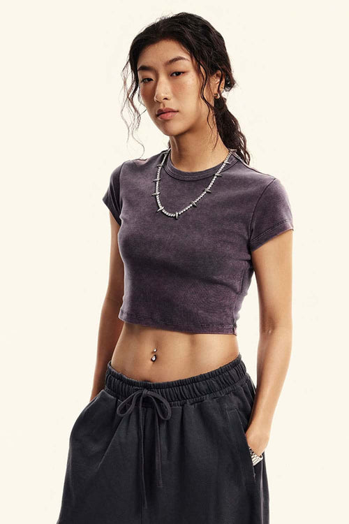 Washed Cropped Short-Sleeve Tee - Grape Purple