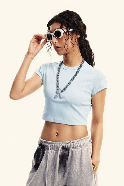 Washed Cropped Short-Sleeve Tee - Sky Blue