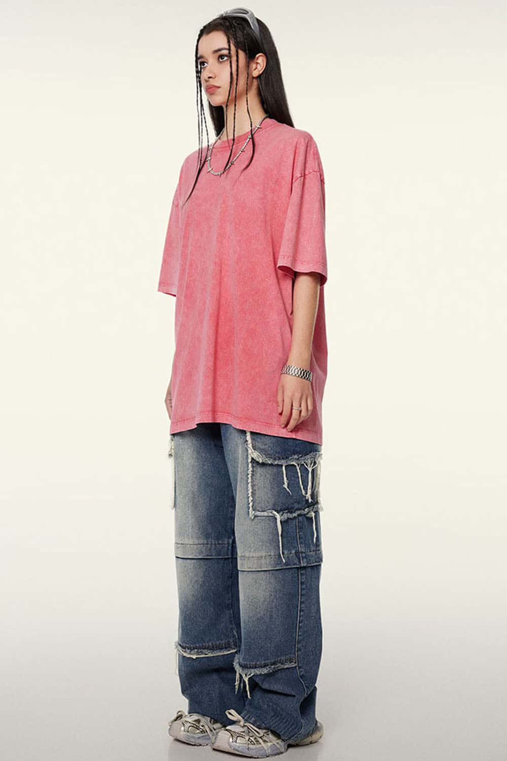 Heavyweight Vintage-Wash Cotton Relaxed-Fit T-Shirt in Cherry Blossom - back modeled view