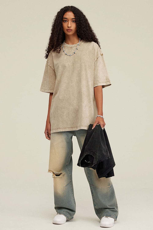 Heavyweight Vintage-Wash Cotton Relaxed-Fit T-Shirt in Khaki - full-length front modeled view