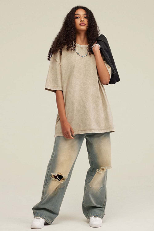 Heavyweight Vintage-Wash Cotton Relaxed-Fit T-Shirt in Khaki - back modeled view