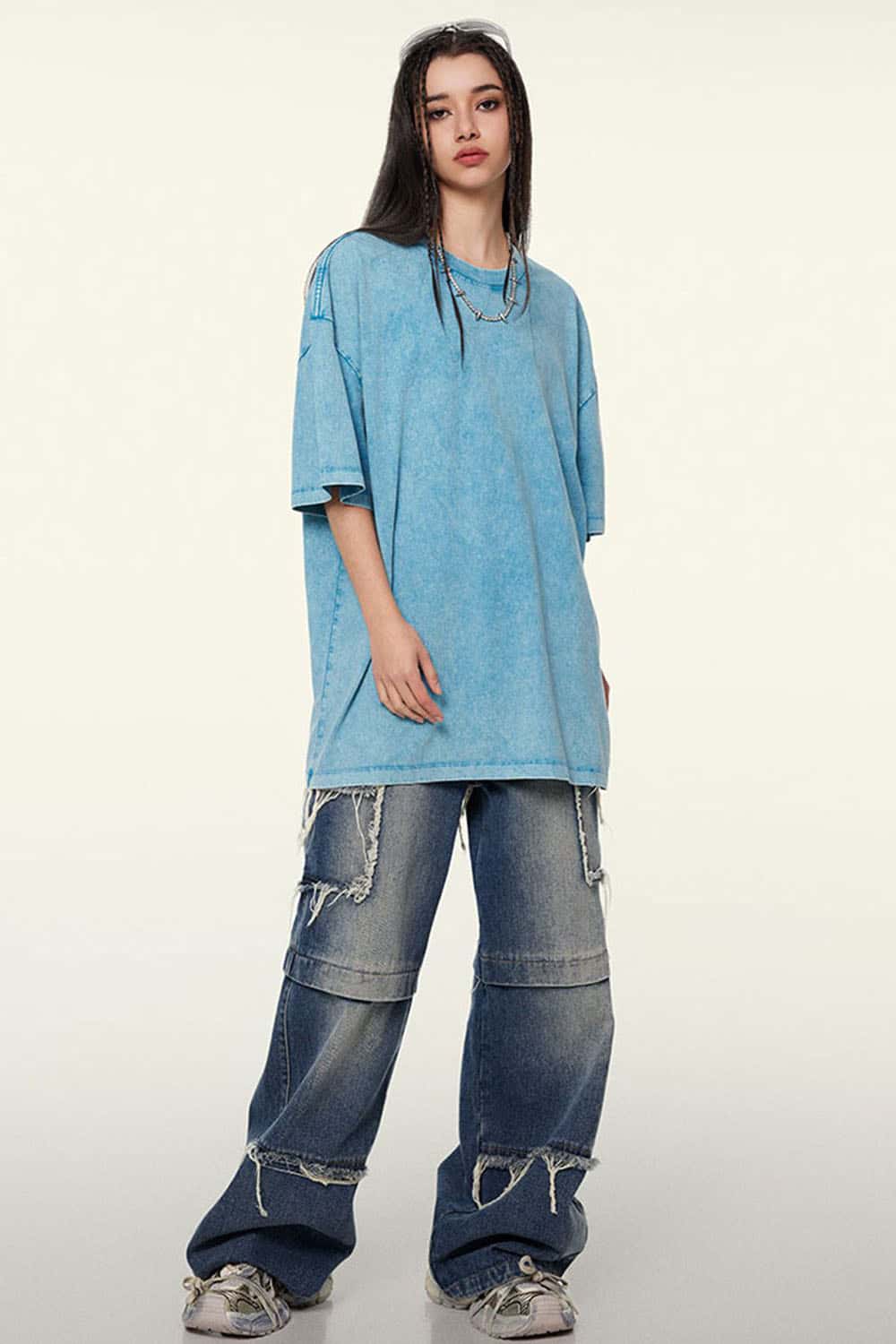 Heavyweight Vintage-Wash Cotton Relaxed-Fit T-Shirt in Sky Blue - product detail close-up