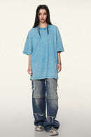 Heavyweight Vintage-Wash Cotton Relaxed-Fit T-Shirt in Sky Blue - back modeled view