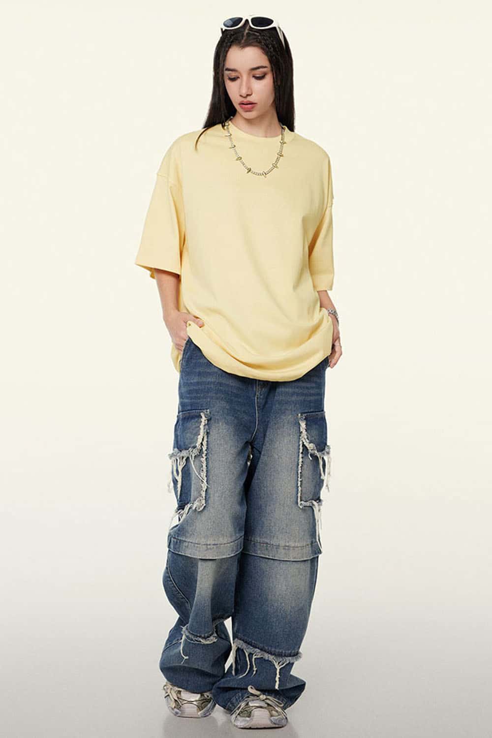 Ultra-Heavyweight Drop-Shoulder T-Shirt in Cream Apricot - full-length front modeled view