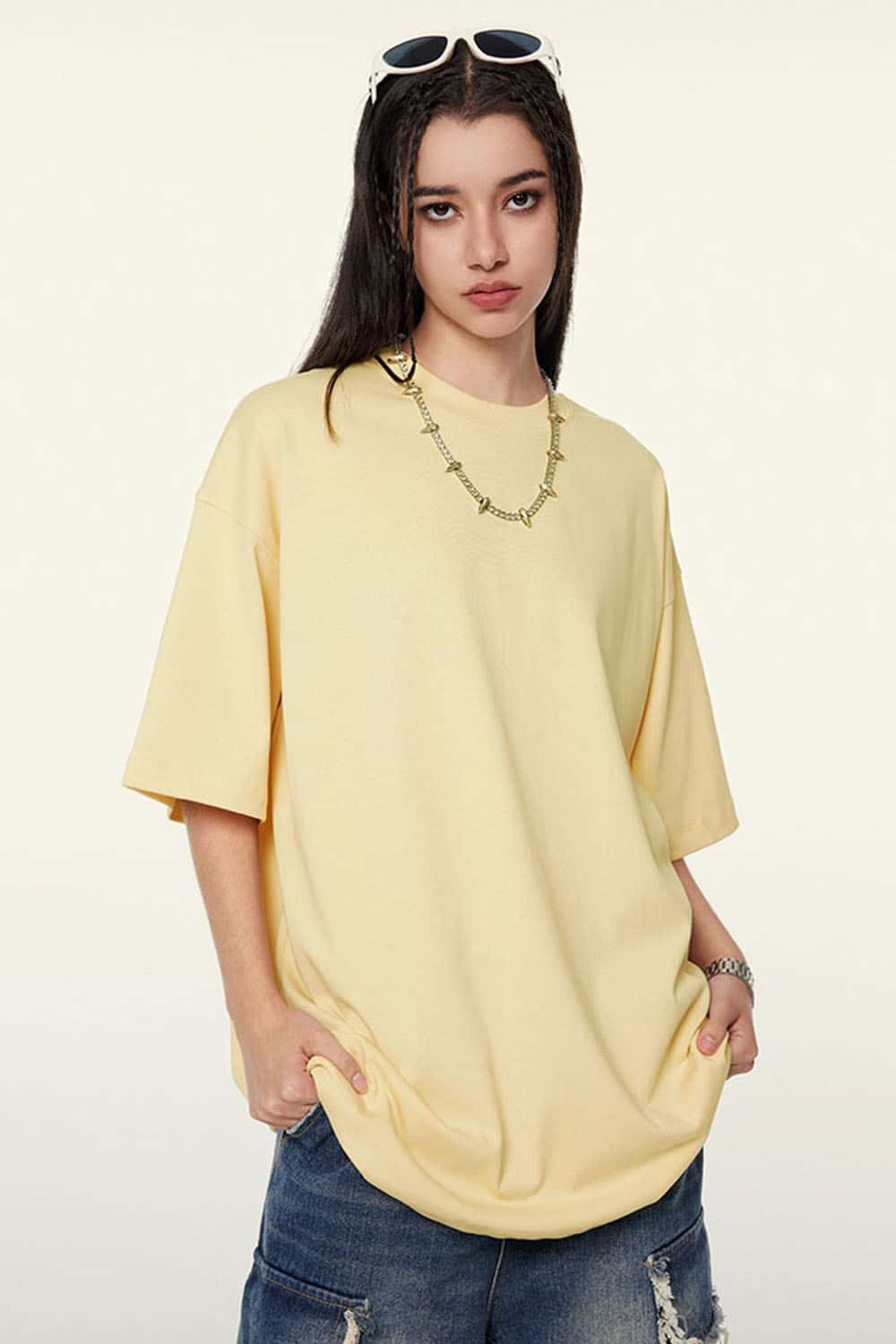 Ultra-Heavyweight Drop-Shoulder T-Shirt in Cream Apricot - product detail close-up