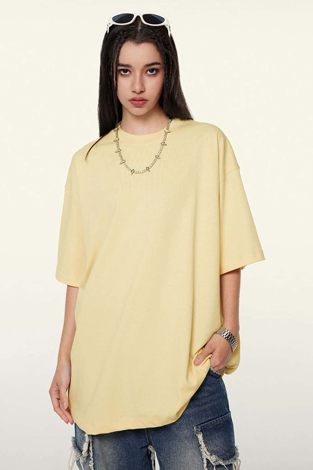 Ultra-Heavyweight Drop-Shoulder T-Shirt in Cream Apricot - front modeled view