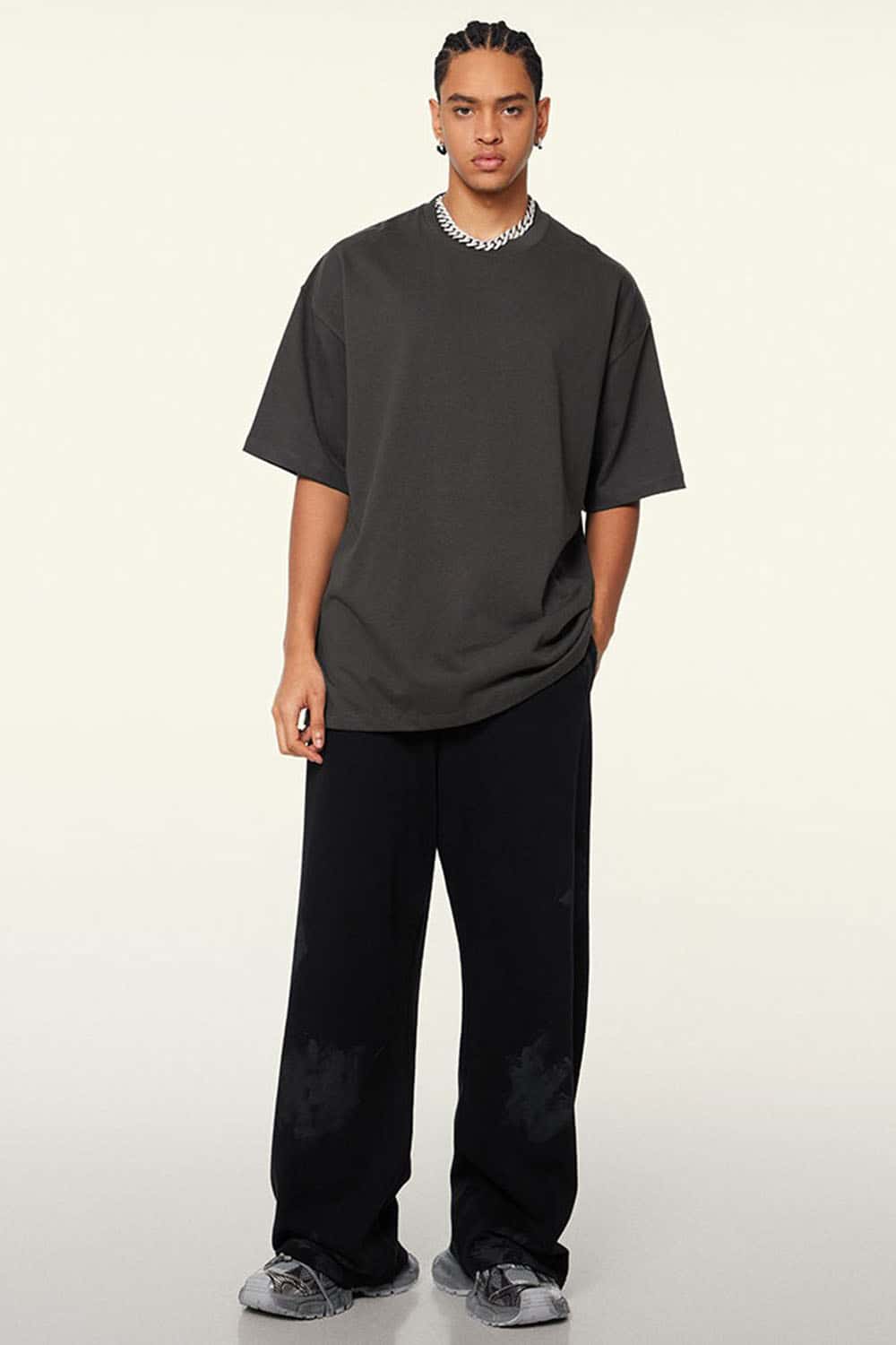 Ultra-Heavyweight Drop-Shoulder T-Shirt in Dark Gray - full-length front modeled view