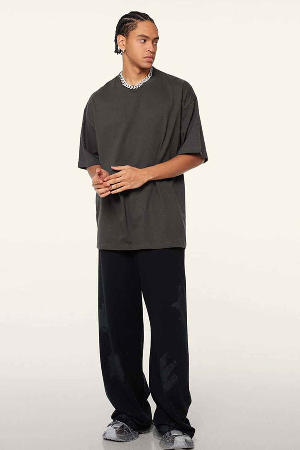 Ultra-Heavyweight Drop-Shoulder T-Shirt in Dark Gray - full-length front modeled view
