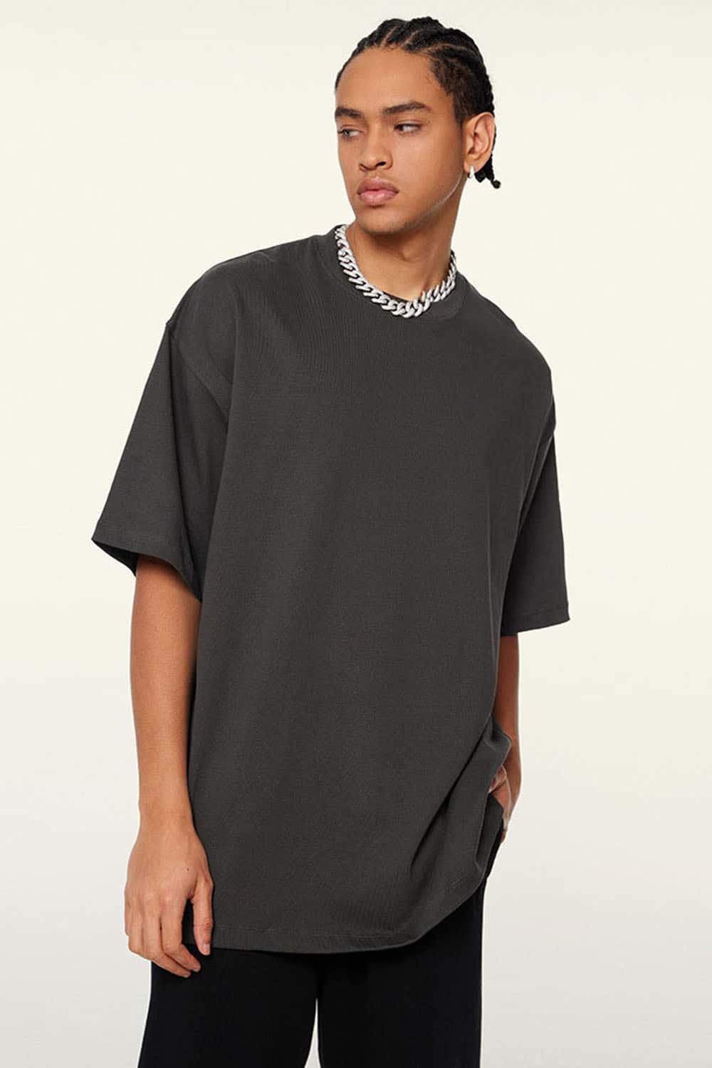 Ultra-Heavyweight Drop-Shoulder T-Shirt in Dark Gray - three-quarter front modeled view