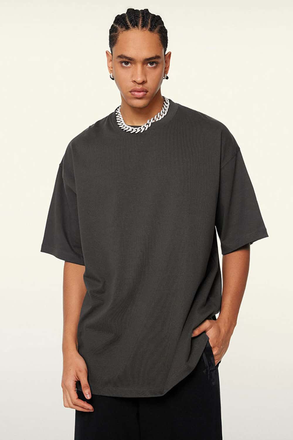 Ultra-Heavyweight Drop-Shoulder T-Shirt in Dark Gray - product detail close-up