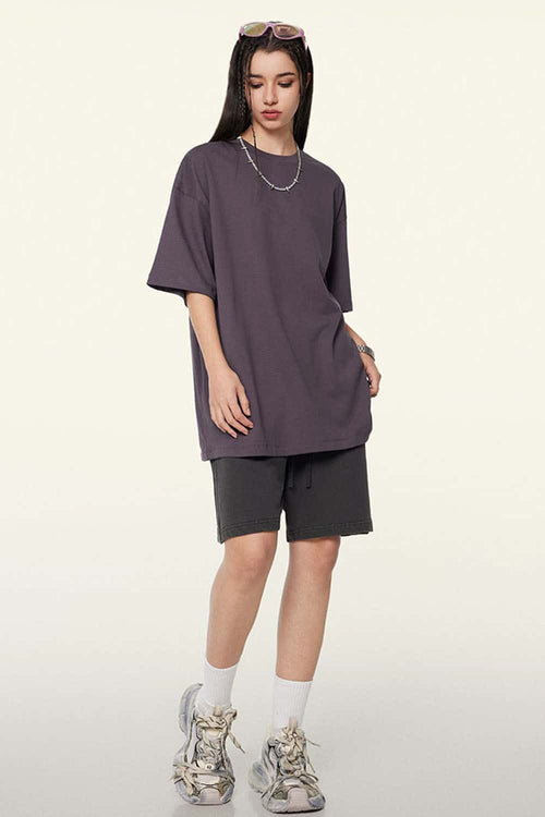 Ultra-Heavyweight Drop-Shoulder T-Shirt in Fade Purple - full-length front modeled view