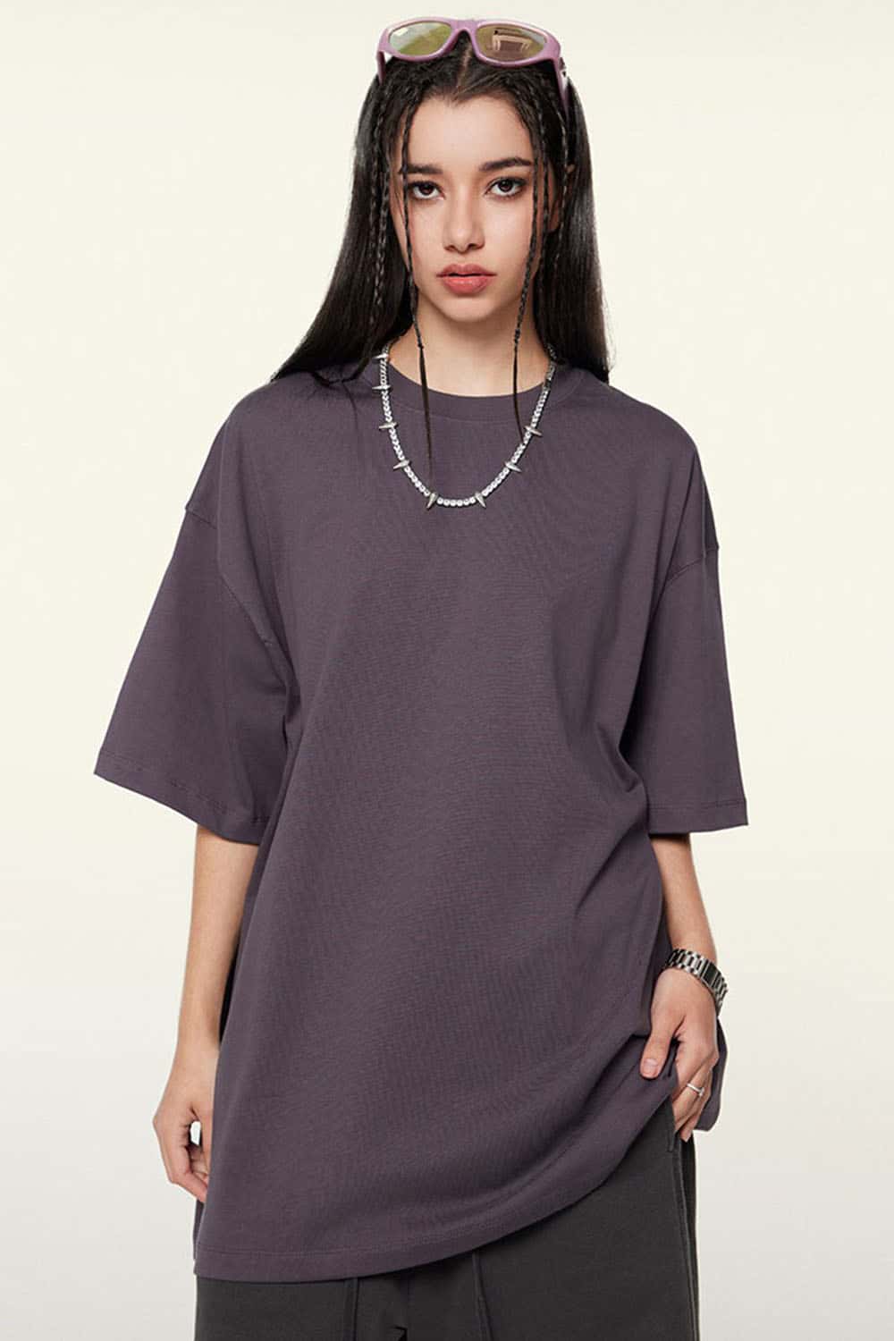Ultra-Heavyweight Drop-Shoulder T-Shirt in Fade Purple - full-length front modeled view