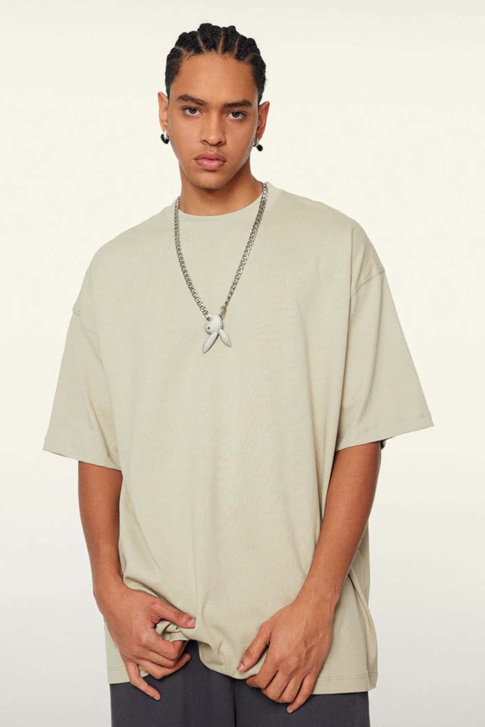 Ultra-Heavyweight Drop-Shoulder T-Shirt in Gray Apricot - full-length front modeled view