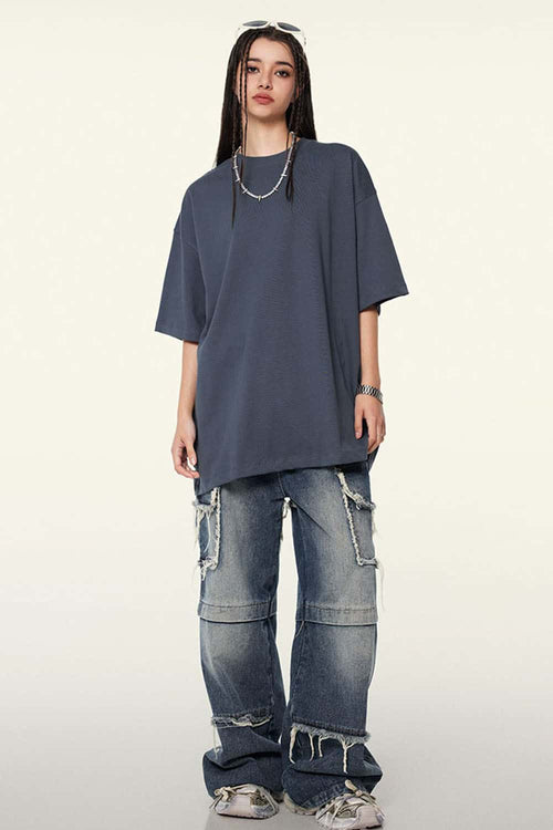 Ultra-Heavyweight Drop-Shoulder T-Shirt in Grayish Blue - full-length front modeled view