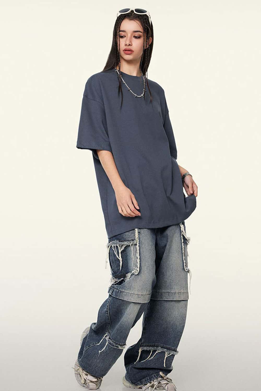 Ultra-Heavyweight Drop-Shoulder T-Shirt in Grayish Blue - full-length front modeled view