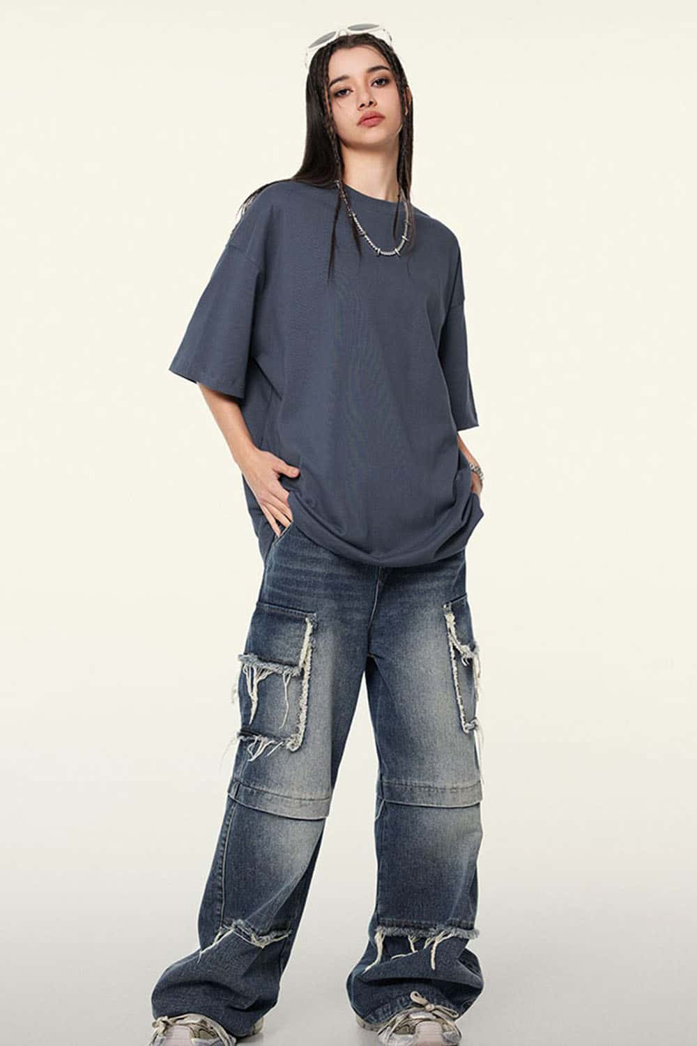 Ultra-Heavyweight Drop-Shoulder T-Shirt in Grayish Blue - full-length front modeled view